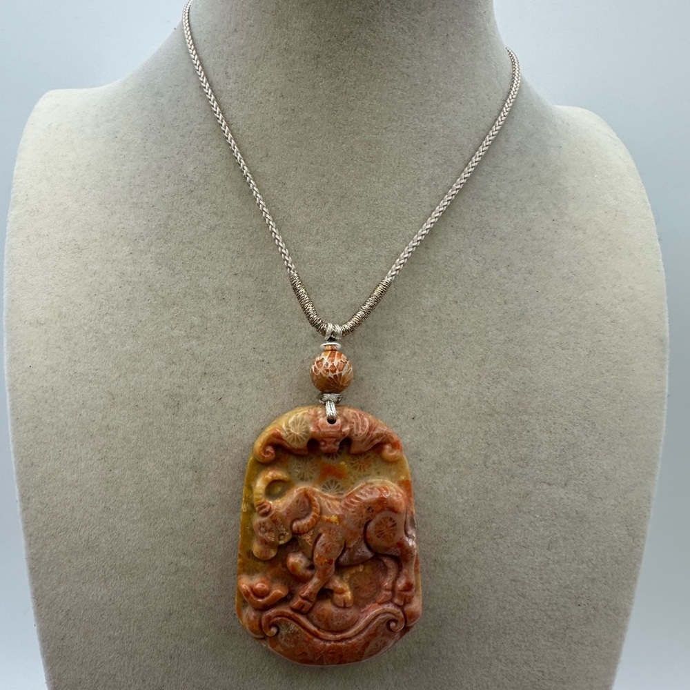 Coral Fossil Bull Pendant Necklace Silver Accent Adjustable Rope - Picture 9 of 9